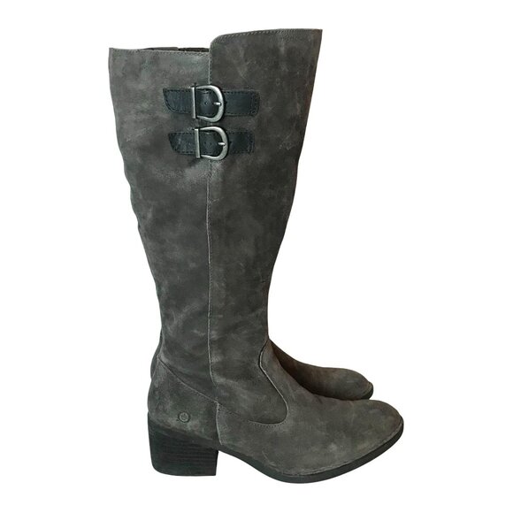 Born Basil Knee High Boot Wide Calf Gray Suede Womens Size 9.5 Buckle - Picture 1 of 15